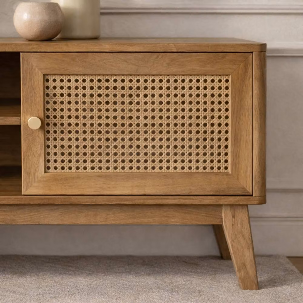 CALICOSY PALMO 2-Door Rattan Cane TV Stand, Light Brown, W: 140 cm, D: 39 cm, H: 49 cm – 2