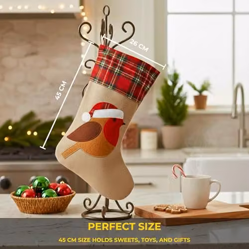 Shatchi Large Brown Robin Christmas Stocking with Classic Printed Design, 45 cm Hanging Burlap Linen Sack – 3