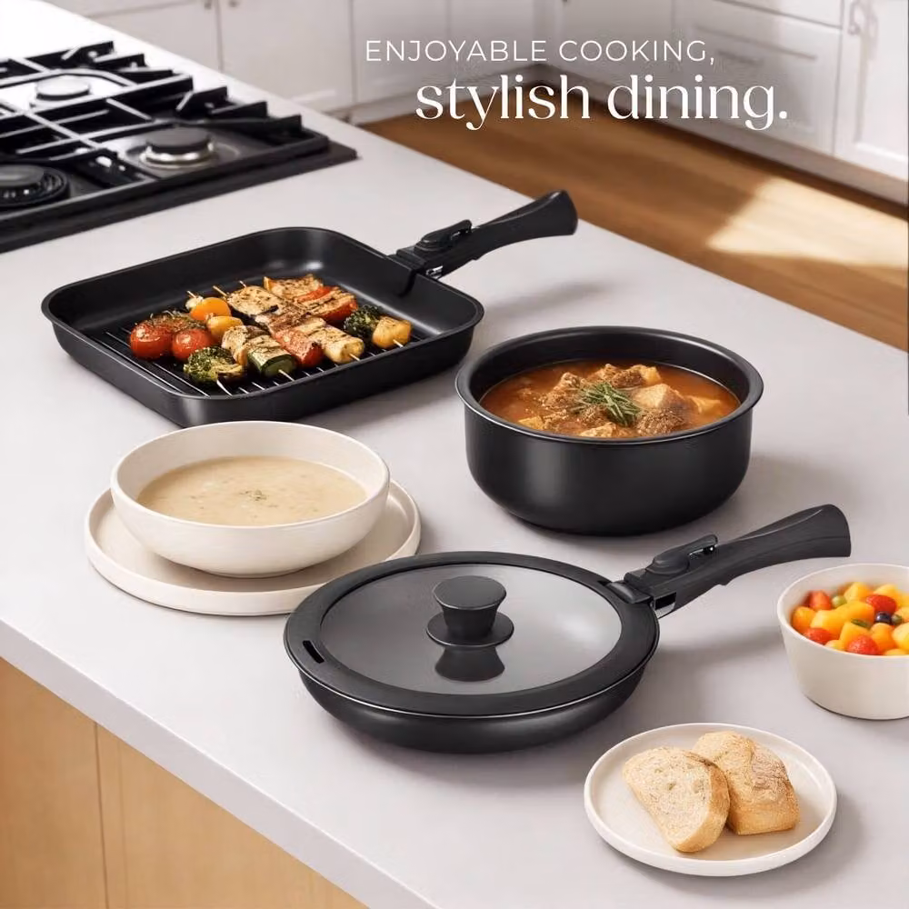 tectake Kitchen Starter Set Una/Parma Non-Stick Frying Pan with Lid in Black and Multicolour – 6