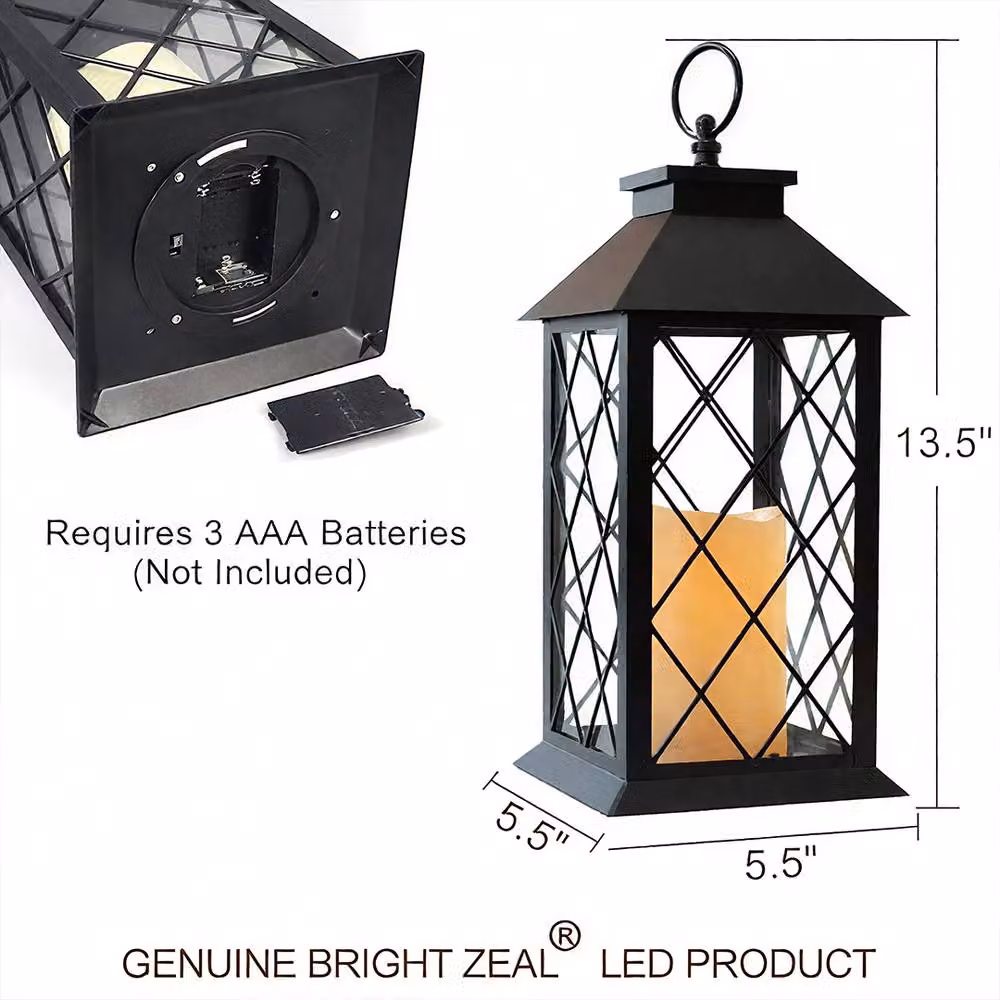 Bright Zeal Set of 2 Black Vintage Hanging Lanterns with LED Flicker Pillar Candles and Timer, Height: 34 cm – 5