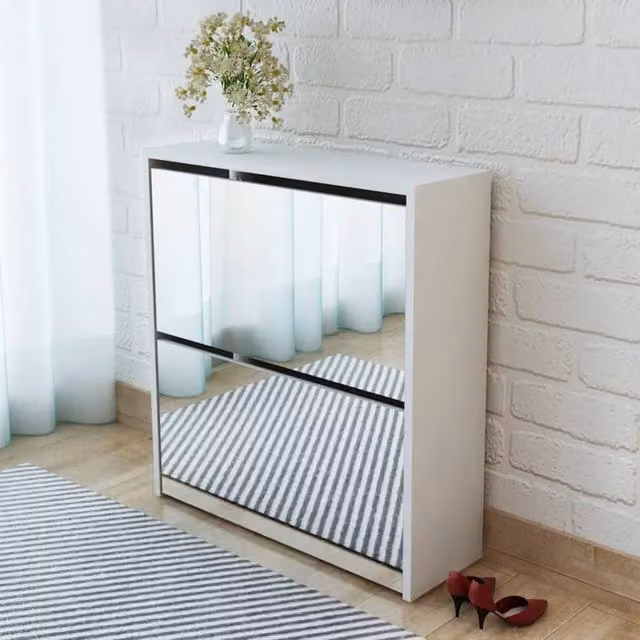 Berkfield Home Modern White Glossy 2-Layer Wall Mounted Shoe Cabinet with Mirror, W: 63 cm, D: 17 cm, H: 67 cm