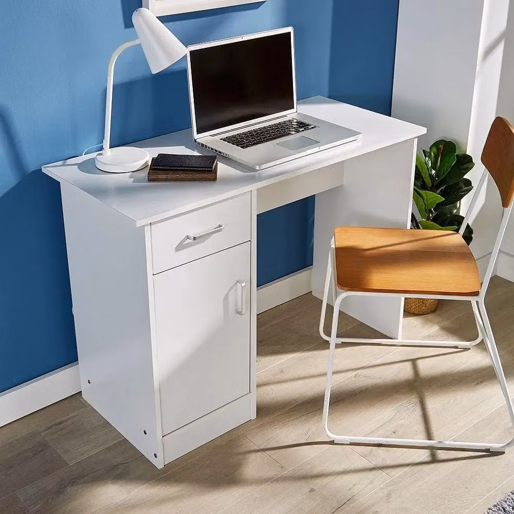 Home Source Tyler Compact Computer Workstation with 1 Drawer and 1 Door in White – 2
