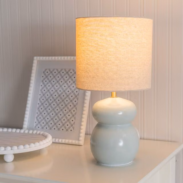 Kendal Blue Glazed Ceramic Table Lamp with Fabric Drum Shade and LED Bulb