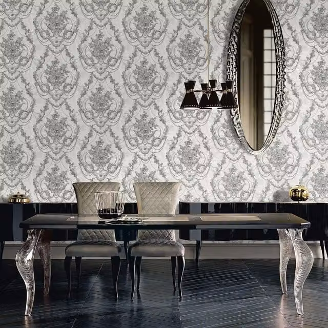 Debona Perla Silver Floral Damask Botanical Washable Vinyl Wallpaper Roll
