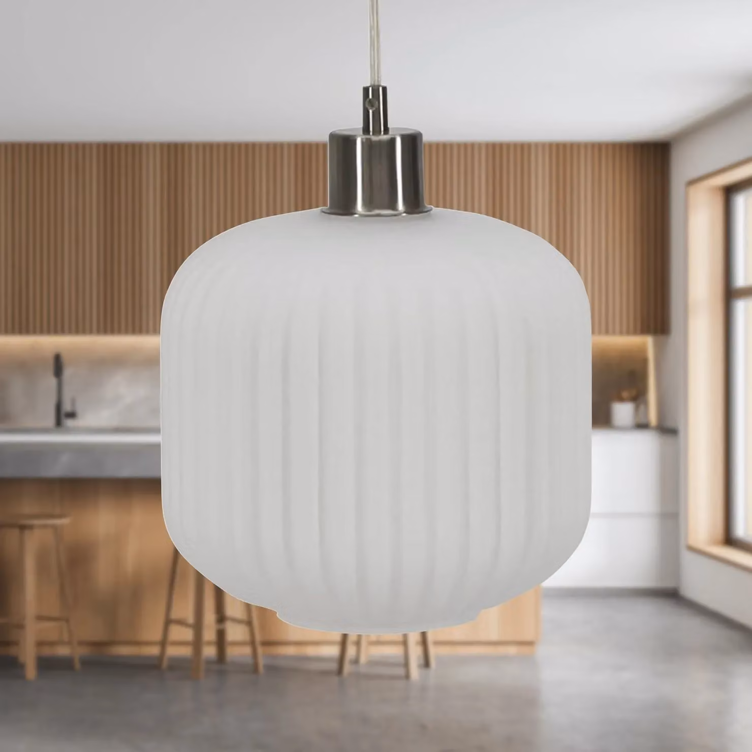 First Choice Lighting Bento Set of 2 White Ribbed Glass and Silver Pendant Lights – 2