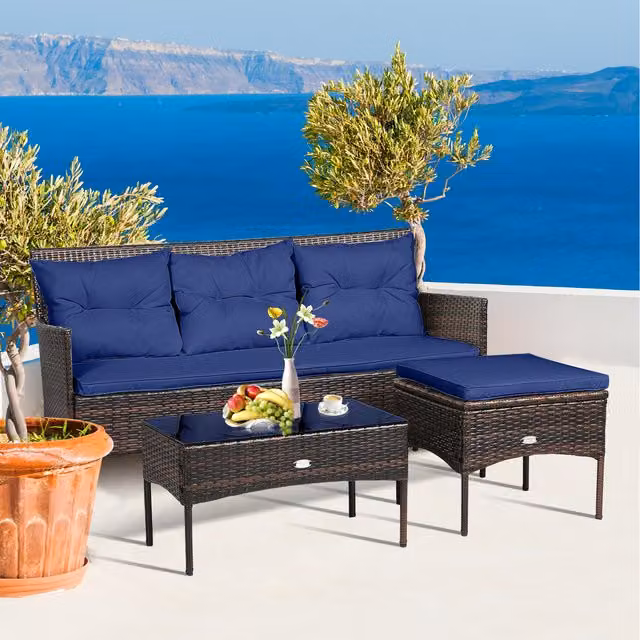 Costway 3 Piece Blue Rattan and Metal Modern Patio Conversation Set