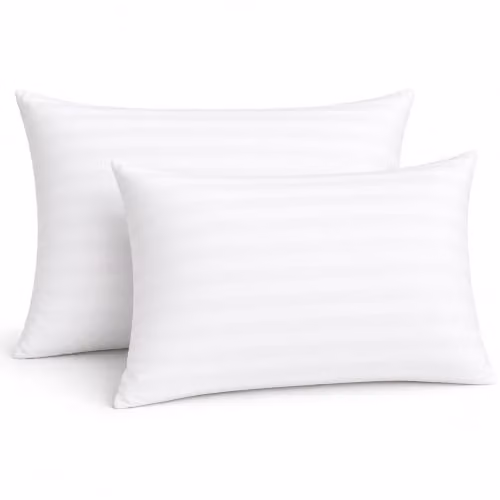 Opulent Home Pack of 2 White Striped Microfibre Pillows with Hollowfibre Filling, Medium Support for Back and Side Sleepers – 2