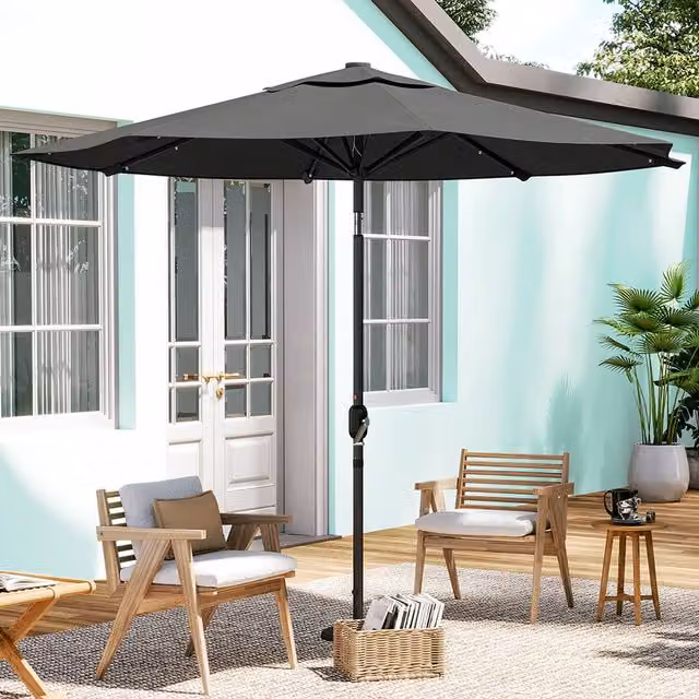 Kidkid Garden Parasol with Crank and 24 Solar Lights in Grey Polyester