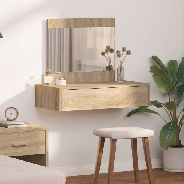 Berkfield Home Sonoma Oak Wall Hanging Dressing Table in Beige, W/D/H: 83 x 40 x 70 cm