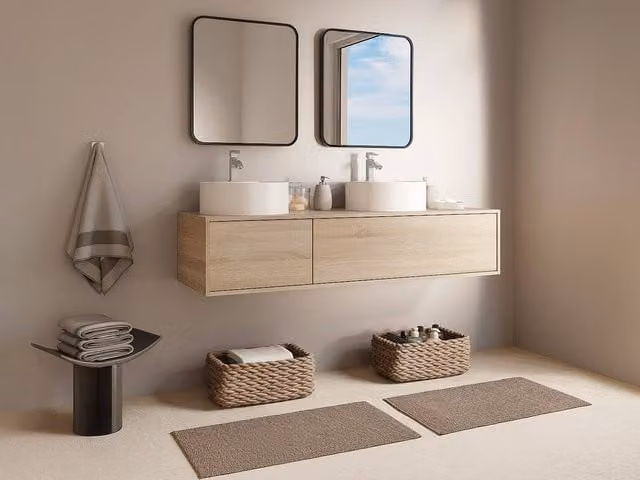 Vente-unique Suspended Double Bathroom Vanity Unit in Light Oak Finish, W/D/H: 150 x 47 x 32 cm – 1