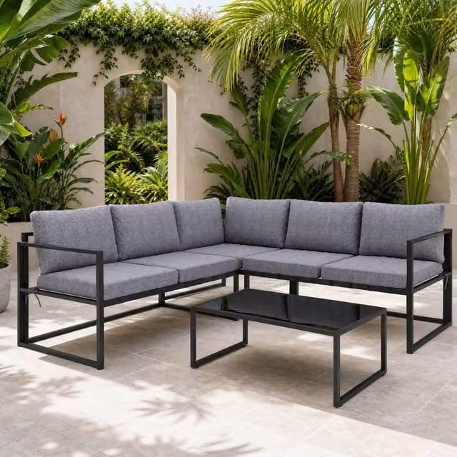 STILVORA 3-Piece Modern Sofa Set with Tempered Glass Top in Grey and Black