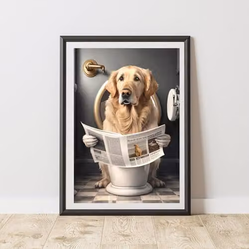 60 Second Makeover Golden Retriever On The Toilet Multicolour Wall Art Poster, A3