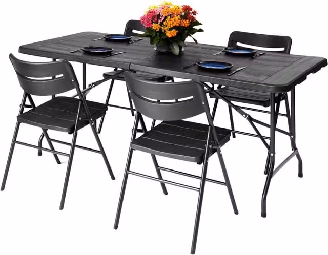 Novecrafto 6ft Folding Table and 4 Folding Chairs Set in Black with Powder Coated Steel Frames and Plastic Surfaces