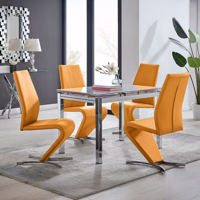 Furniturebox Enna White Glass Extending Dining Table and 4 Willow Chairs in Mustard and Yellow