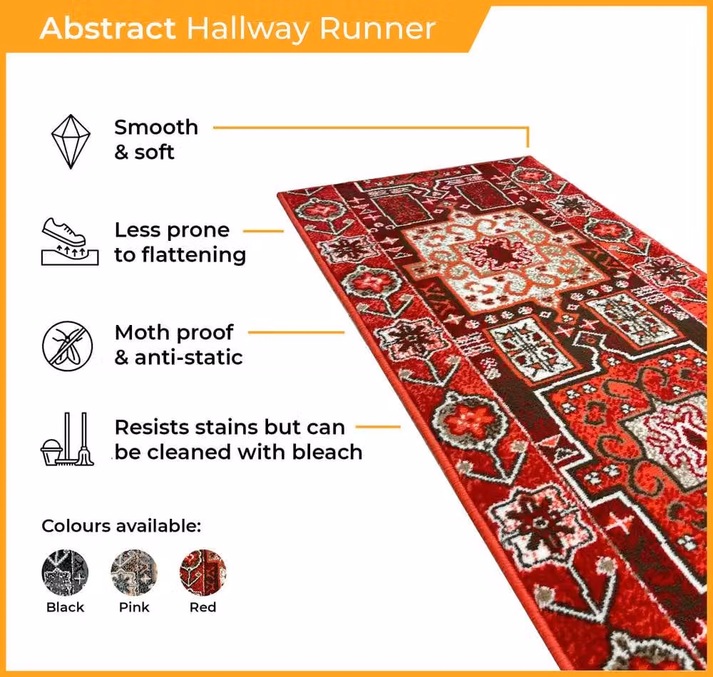 runrug Abstract Hallway Carpet Runner Rug in Red, W: 60 cm, L: 180 cm – 2