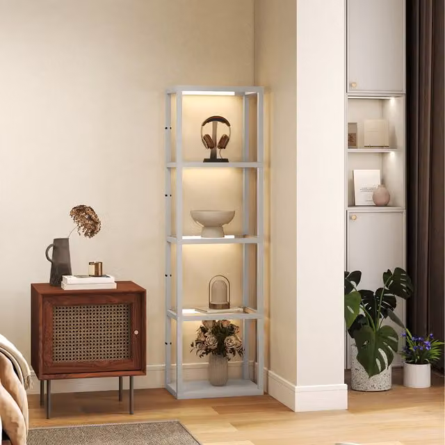 HOMCOM Dimmable LED Floor Lamp with Glass Shelves in Grey