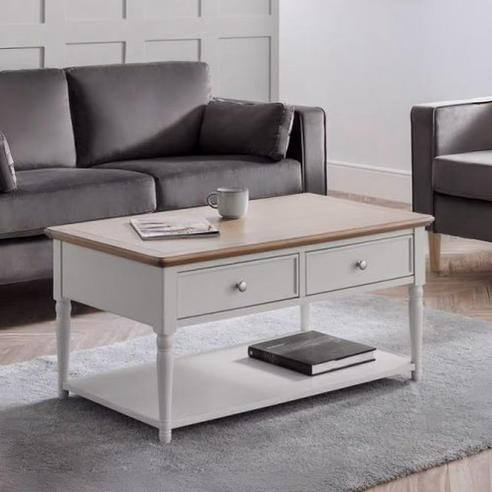 Cheshire Avignon 2 Drawer Coffee Table in Limed Oak and Light Grey – 2