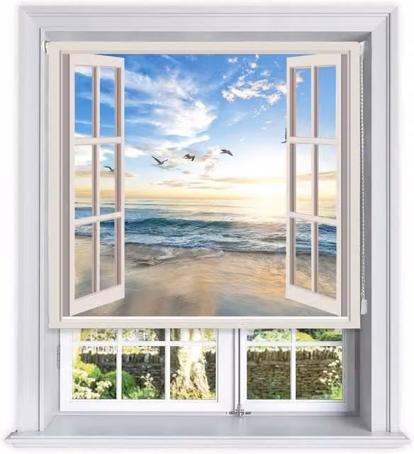 Lister Cartwright Window Beach View Scenic Design Blackout Roller Blinds, Cream, W: 150 cm, H: 160 cm