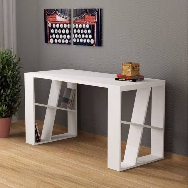 Decortie Honey Modern Writing Desk with Bookshelf Legs in White