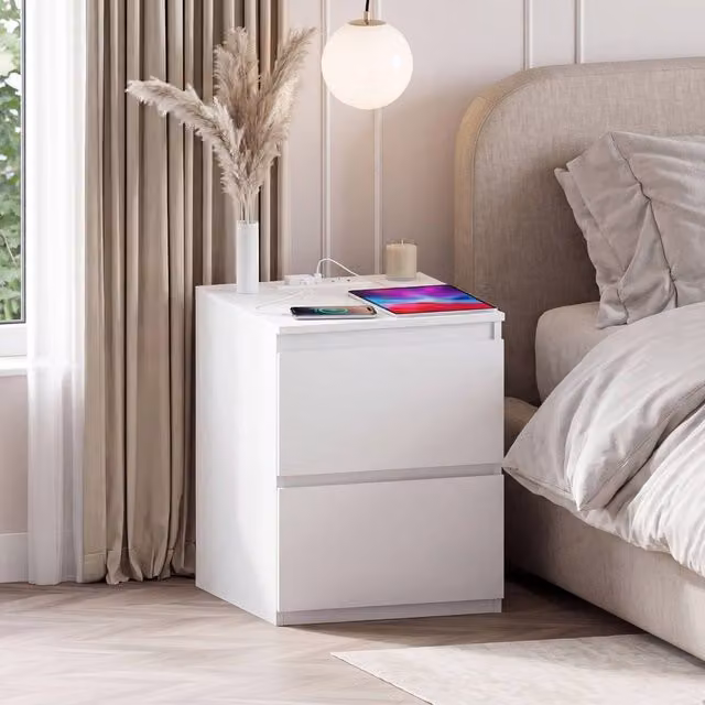 Vida Designs Denver 2 Drawer Large Bedside Chest with Power Outlet in White – 1