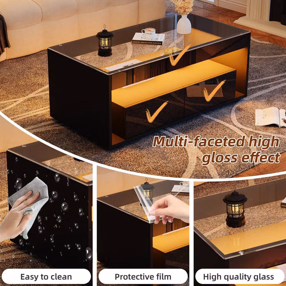 STILVORA Modern Rectangular Coffee Table with Glass Top and Black Glossy Finish, W: 100 cm, D: 50 cm, H: 40 cm – 6