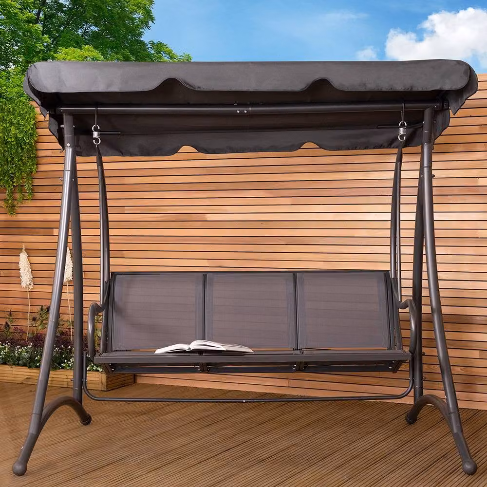 Charles Bentley 3 Seater Outdoor Swing Seat Bench with Sun Canopy in Grey – 2