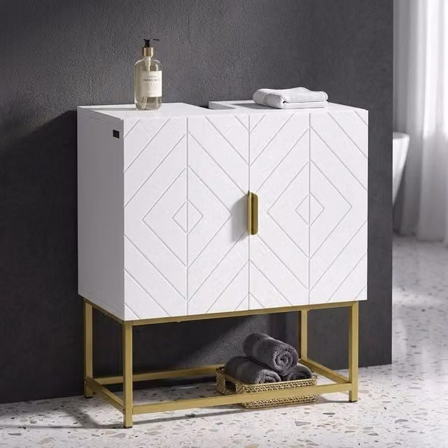 STILVORA Modern White and Gold Under Sink Bathroom Cabinet with Hinged Doors and LED Lighting – 1
