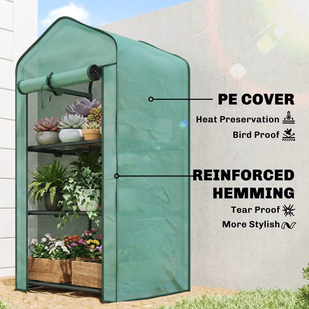 OUTSUNNY Portable Mini Greenhouse with Roll-up Door and Wire Shelves, Green, W/D/H: 127 x 59 x 39 cm – 3