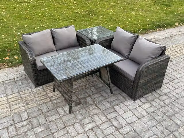 Fimous 4 Piece Wicker Rattan Outdoor Garden Furniture Set with Rectangular Dining Table in Dark Grey