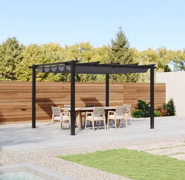 Livingandhome Modern Aluminium Pergola with Retractable Roof, Light Grey, W: 396.24 cm, D: 304.8 cm, H: 304.8 cm