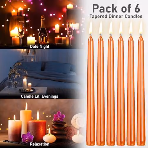 Deco Express Set of 6 Metallic Orange Unscented Dripless Tapered Dinner Candles – 6