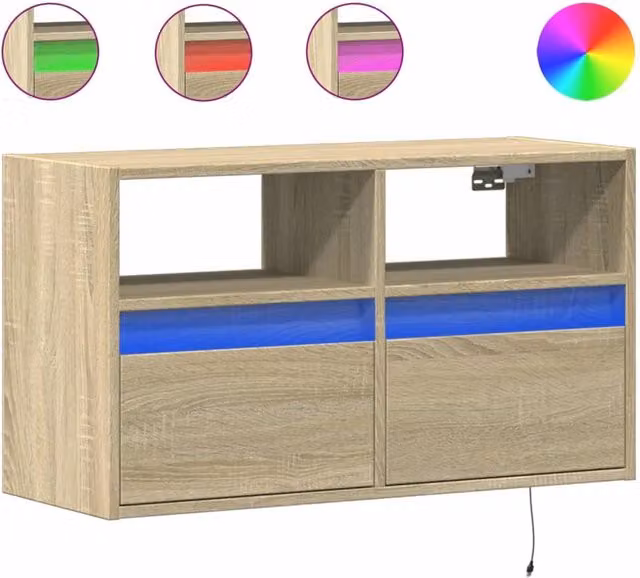 Berkfield Home TV Wall Cabinet with LED Lights in Sonoma Oak and Light Tan, W: 80 cm, D: 31 cm, H: 45 cm