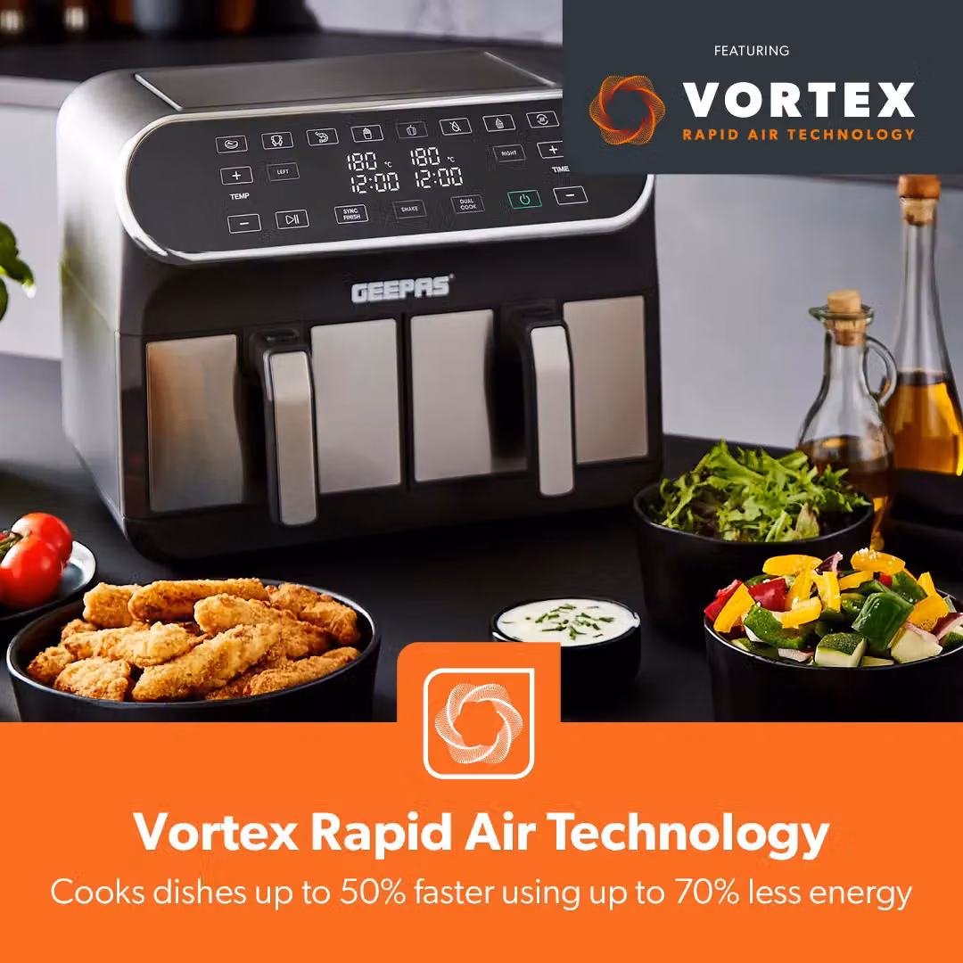 Geepas Prestige Dual Zone Digital Air Fryer, 8L XL Capacity with 8-in-1 Cooking Presets, 1700W, Silver and Black – 3