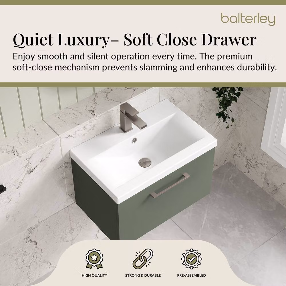 Balterley 600mm Wall Hung 1 Drawer Vanity Basin Unit in Satin Green with Pewter Handle – 3