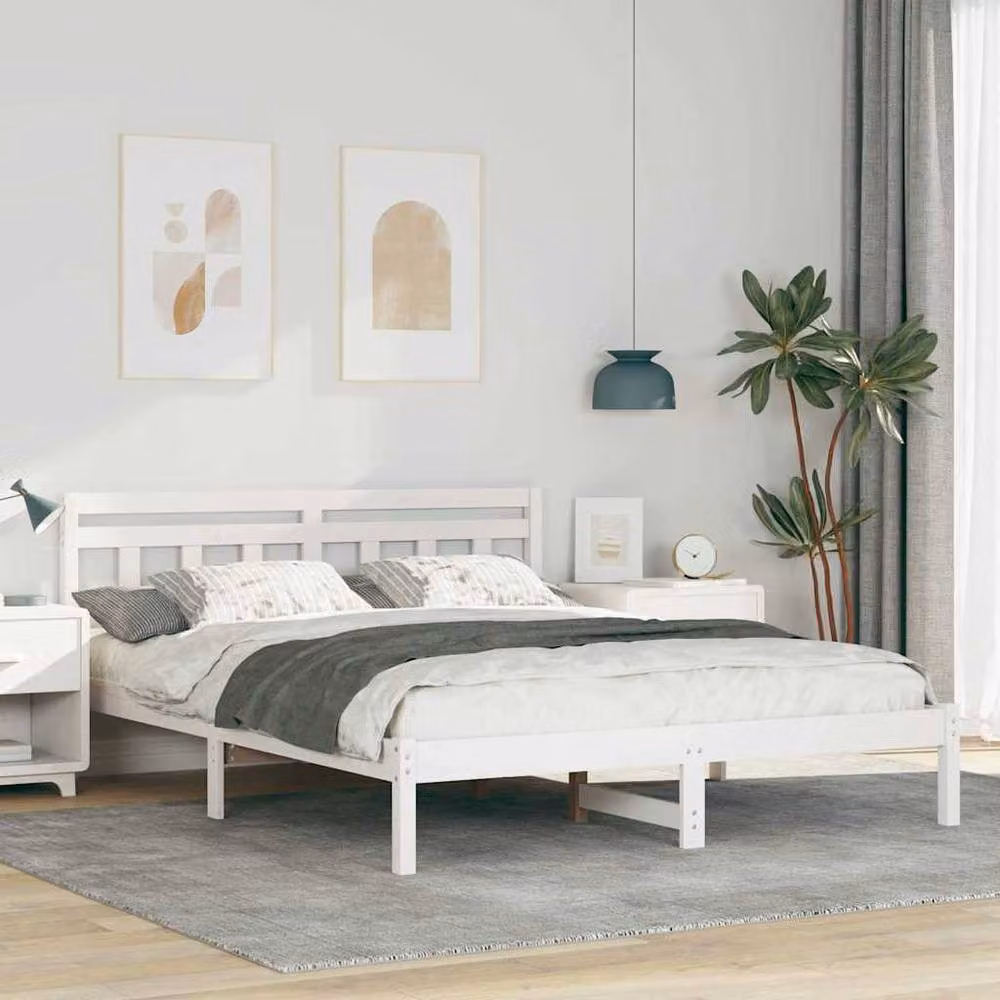 Berkfield Home White Solid Pine Wood Bed with Headboard W/D/H: 140 x 200 cm – 2