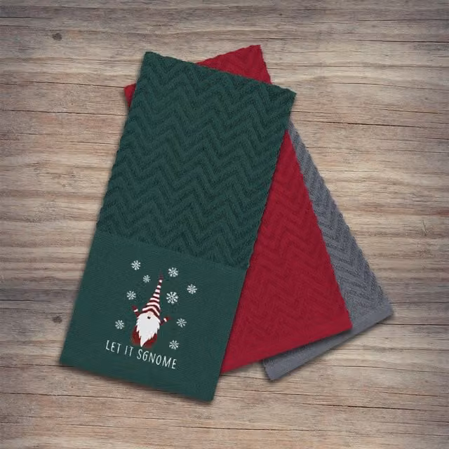 Noel Square Pack of 3 Highly Absorbent Cotton Tea Towels, Xmas Gonks Design, Green and Multicolour