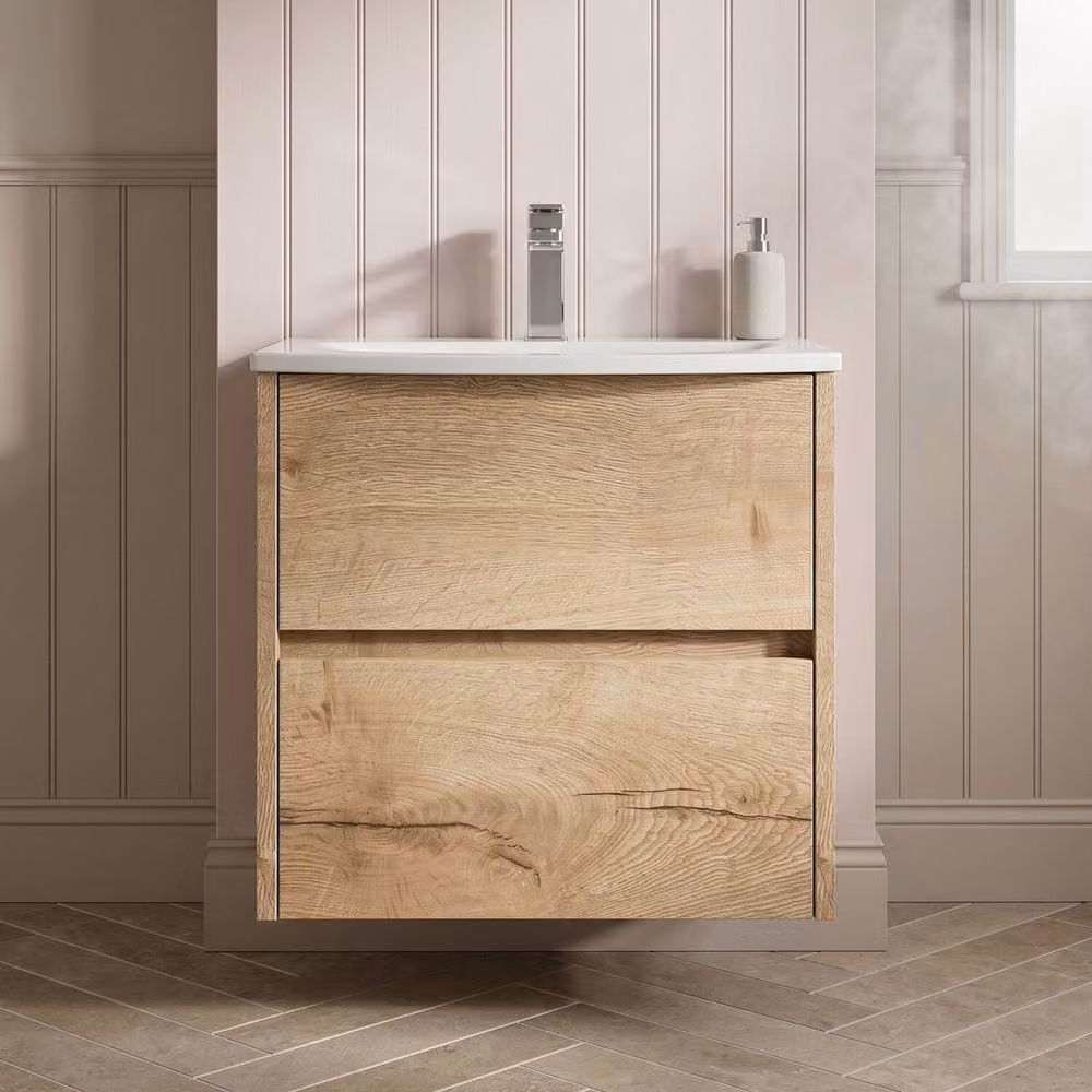Balterley Chartley 2 Drawer Wall Hung Vanity Basin Unit in Autumn Oak Brown, Width: 50 cm – 3
