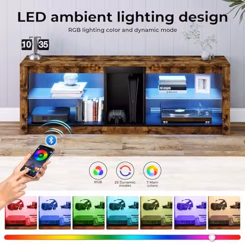 Levede Modern Brown TV Stand with RGB LED Lights and Glass Shelf, W: 140 cm, D: 47 cm, H: 47 cm – 8