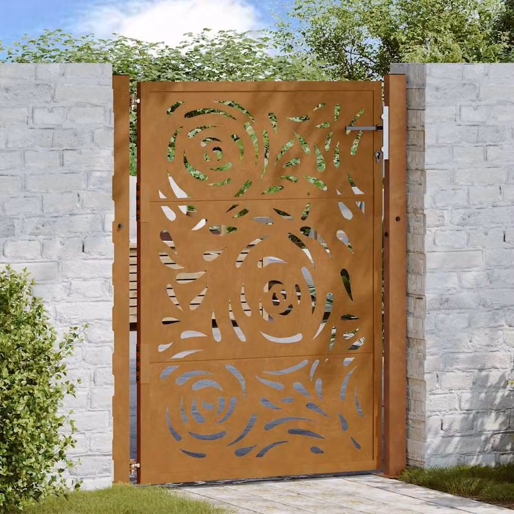 Berkfield Brown Weathering Steel Garden Gate with Flame Design W: 105 cm, H: 130 cm – 2
