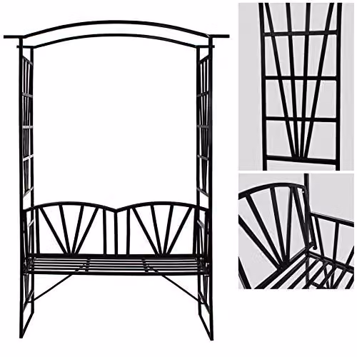tectake Garden Arch with Bench, Black Metal Rose Trellis, H 210 x W 114 x D 42 cm – 2