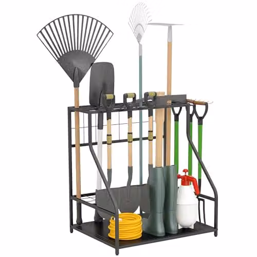 Outsunny 3-Tier Black Metal Garden Tool Storage Rack with 11 Hooks, W/D/H: 73 x 53 x 53 cm – 1