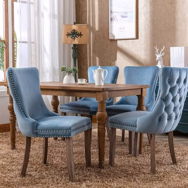 Modern Home Touch Sierra Lux Set of 4 Blue Velvet Tufted Wing Back Dining Chairs with Oak Wood Legs – 1