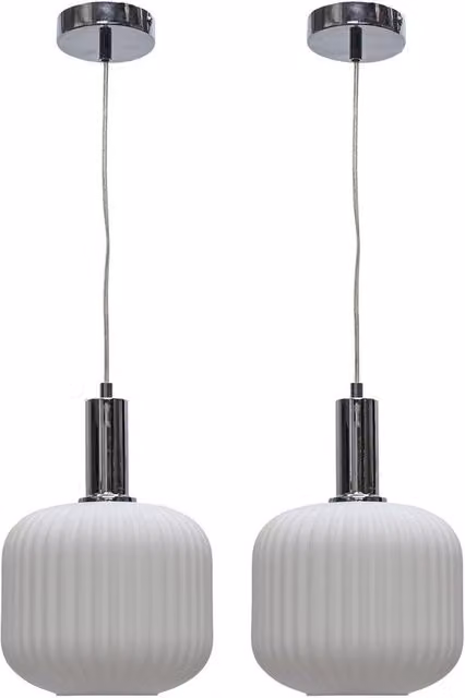 First Choice Lighting Bento Set of 2 White Ribbed Glass and Chrome Deco Pendant Lights