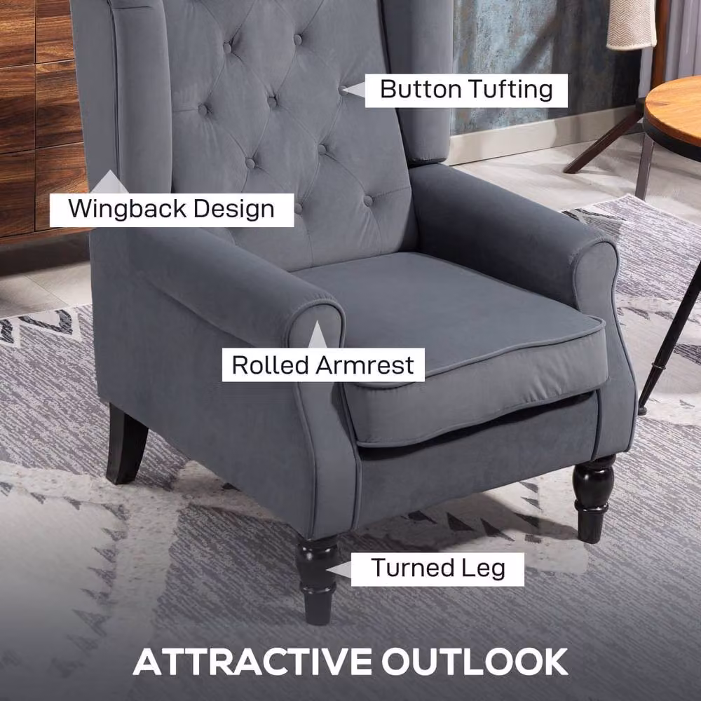 Wyld Haus Vanola Grey Velvet Retro Wingback Armchair with Diamond Button Tufting – 4