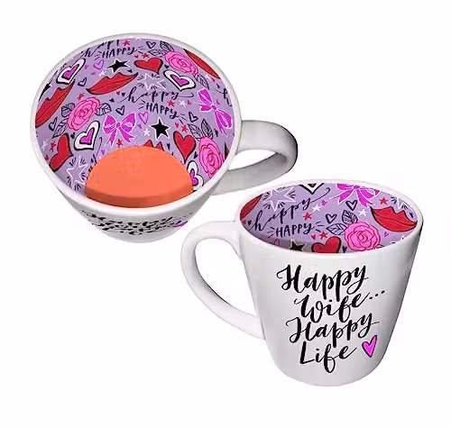 WPL Gifts Inside Out Happy Wife Ceramic Mug in White with Pink and Purple Interior