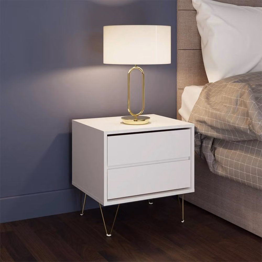 ERGOVEXA White 2 Drawer Bedside Cabinet with Gold Metal Legs – 2