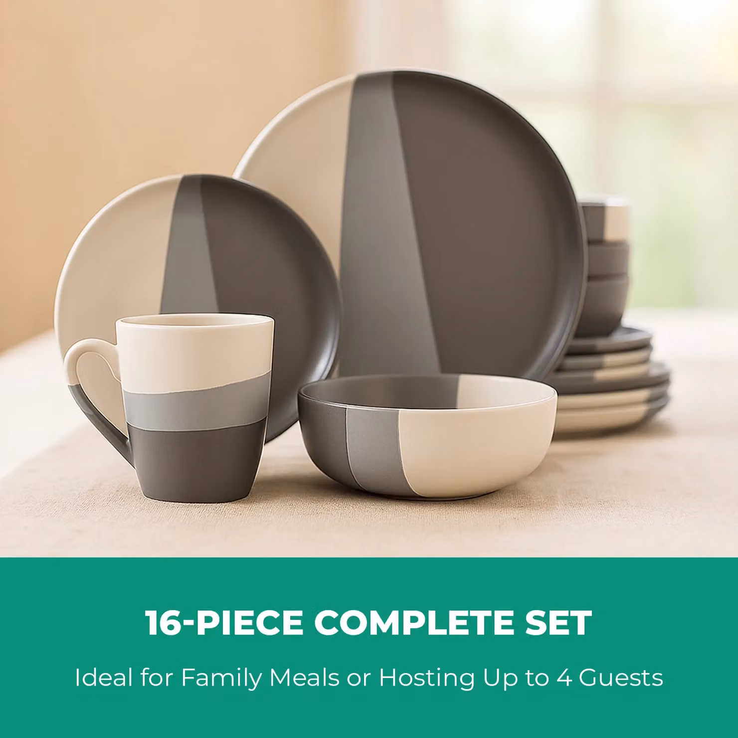 Royalford 16 Piece Stoneware Dinnerware Set in Grey and White, Microwave and Dishwasher Safe – 3