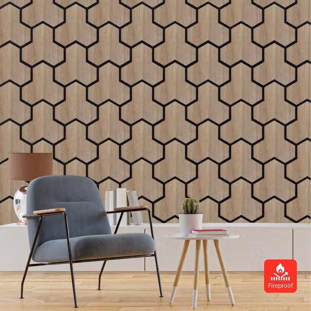 EnerJ Smart Geometric Acoustic Panel with Wooden Hexagon Pattern in Brown, W: 62 cm, H: 80 cm