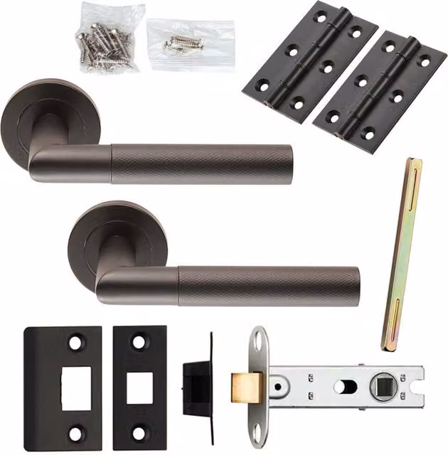 Loops Matt Black Knurled Mitred Lever Door Handle and Latch Pack with Screwless Round Rose