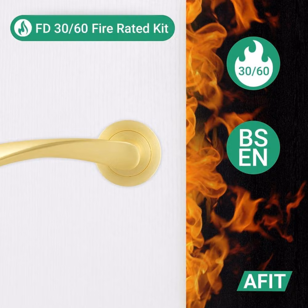 AFIT Novi Satin Brass Fire Door Handle with Euro Lock Thumbturn Cylinder in Gold, W/D/H: 15 x 15 x 1.5 cm – 2